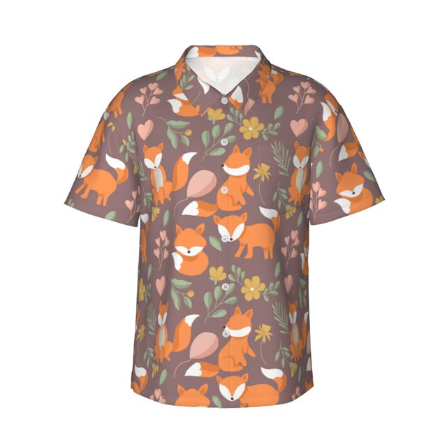 Balery Cute Little Fox Camisas hawaianas de manga corta para hombre, camisas playeras de corte holgado, camisas de vacaciones con botones,Small