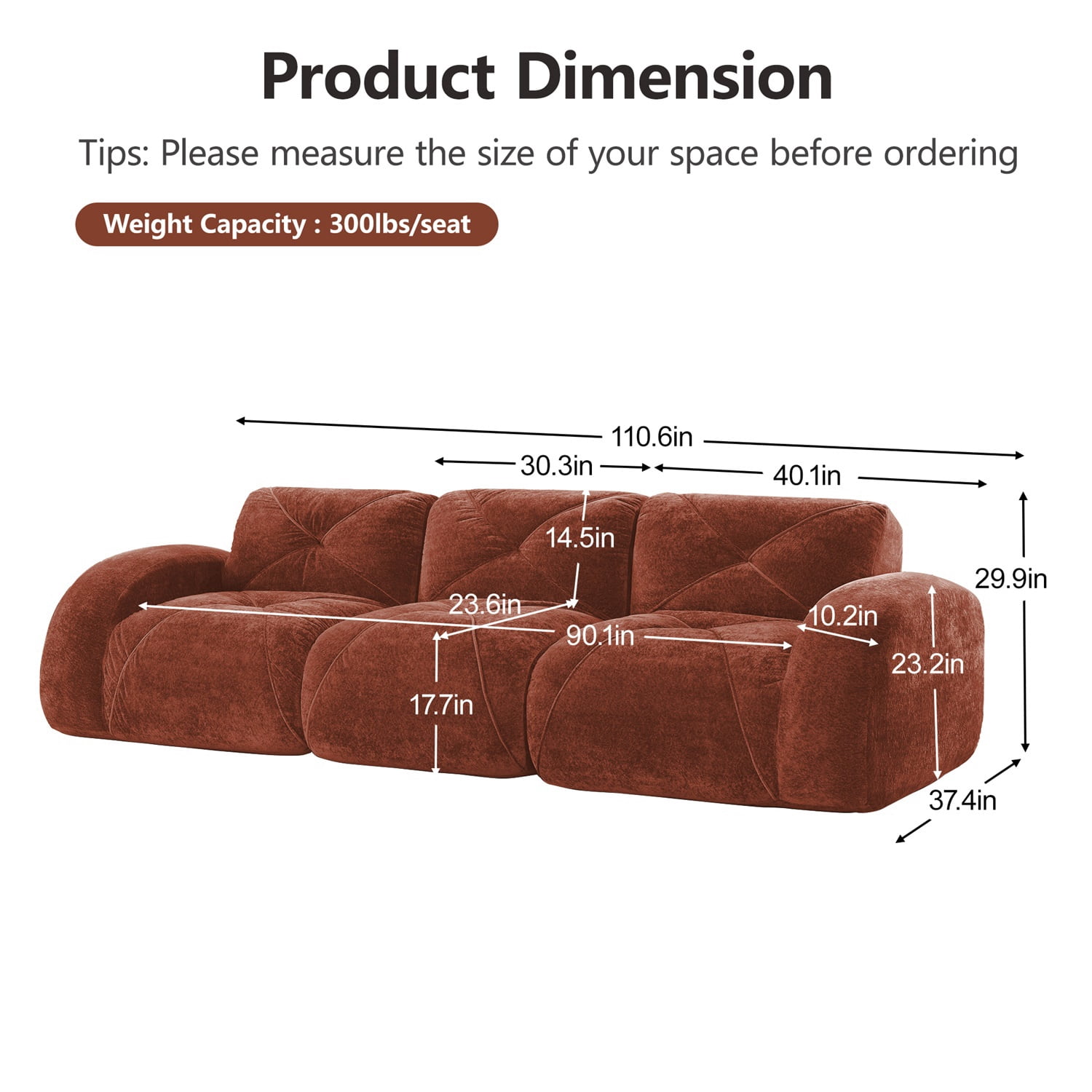 Hommoo 110" Boneless Sofa With Tufted, Luxruious Velvet Fabric Modular Sectional Sofa Couches, for Living Room Apartment, Red &Brown