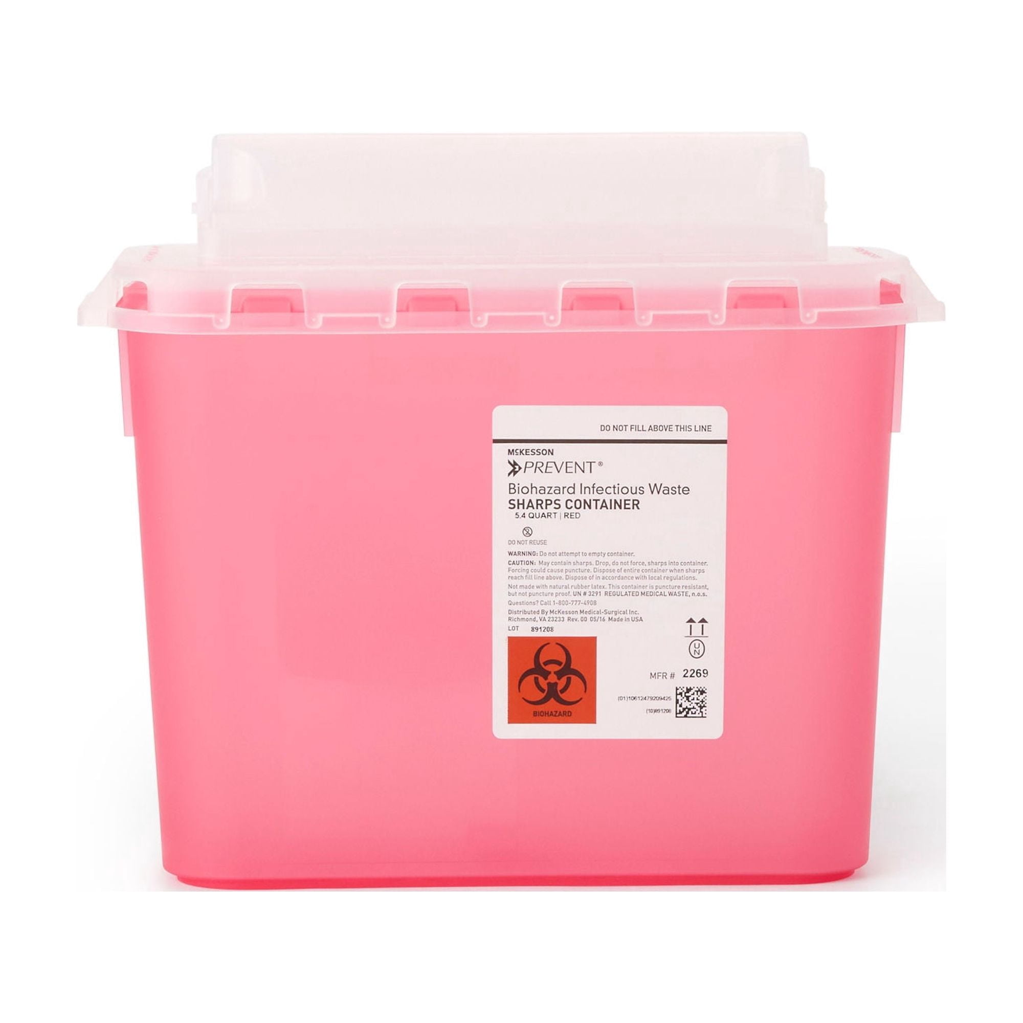 McKesson Biohazard Sharps Container, Puncture-Resistant Lockable Bin - Red, 5.4 qt, 1 Ct