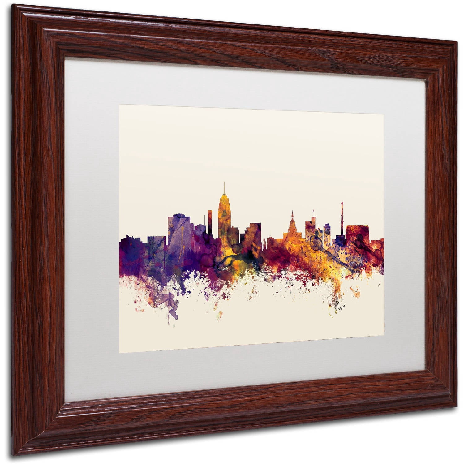 Trademark Fine Art "Lansing Michigan Skyline" Canvas Art by Michael Tompsett, White Matte, Wood Frame