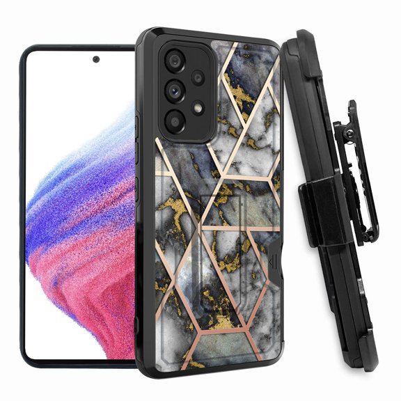 ANJ  Rugged Shockproof Hoster Case w/Card Slot, Kickstand   Tempered Glass Cover for Samsung Galaxy A33 5G - Nordic Marble Pattern (Black)