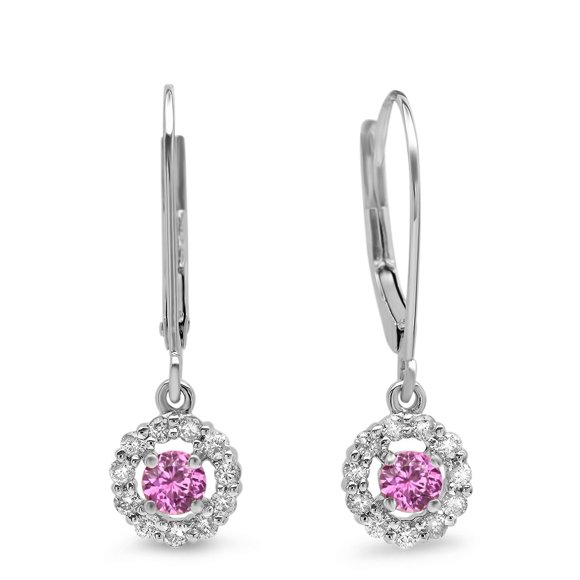 0.55 Carat (ctw) 10K White Gold Round Cut Pink Sapphire & White Diamond Ladies Cluster Halo Style Drop Earrings 1/2 CT