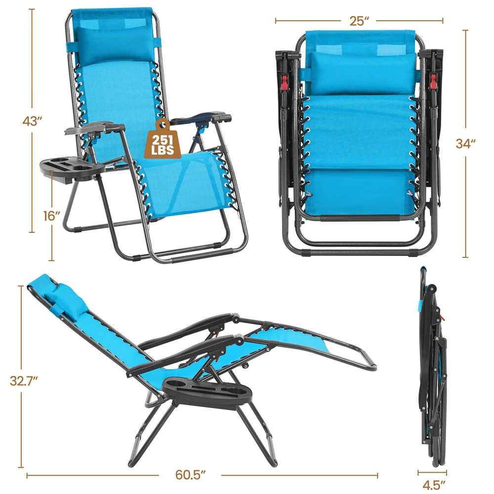 Alden Design 2pcs 26in Foldable Outdoor Zero Gravity Chair with Cupholder/Pillow, Light Blue