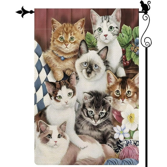 Welcome Cute Cats Garden Flag Spring Flower Butterfly Garden Flag Vertical Double Sided Rustic Farmland Burlap Yard Lawn Outdoor Decor 12.5x18"