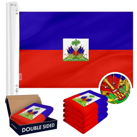 G128 Haiti Haitian Flag 3x5 Ft 5-Pack Double Sided Embroidered 210D Indoor/Outdoor, Brass Grommets, Heavy Duty Polyester