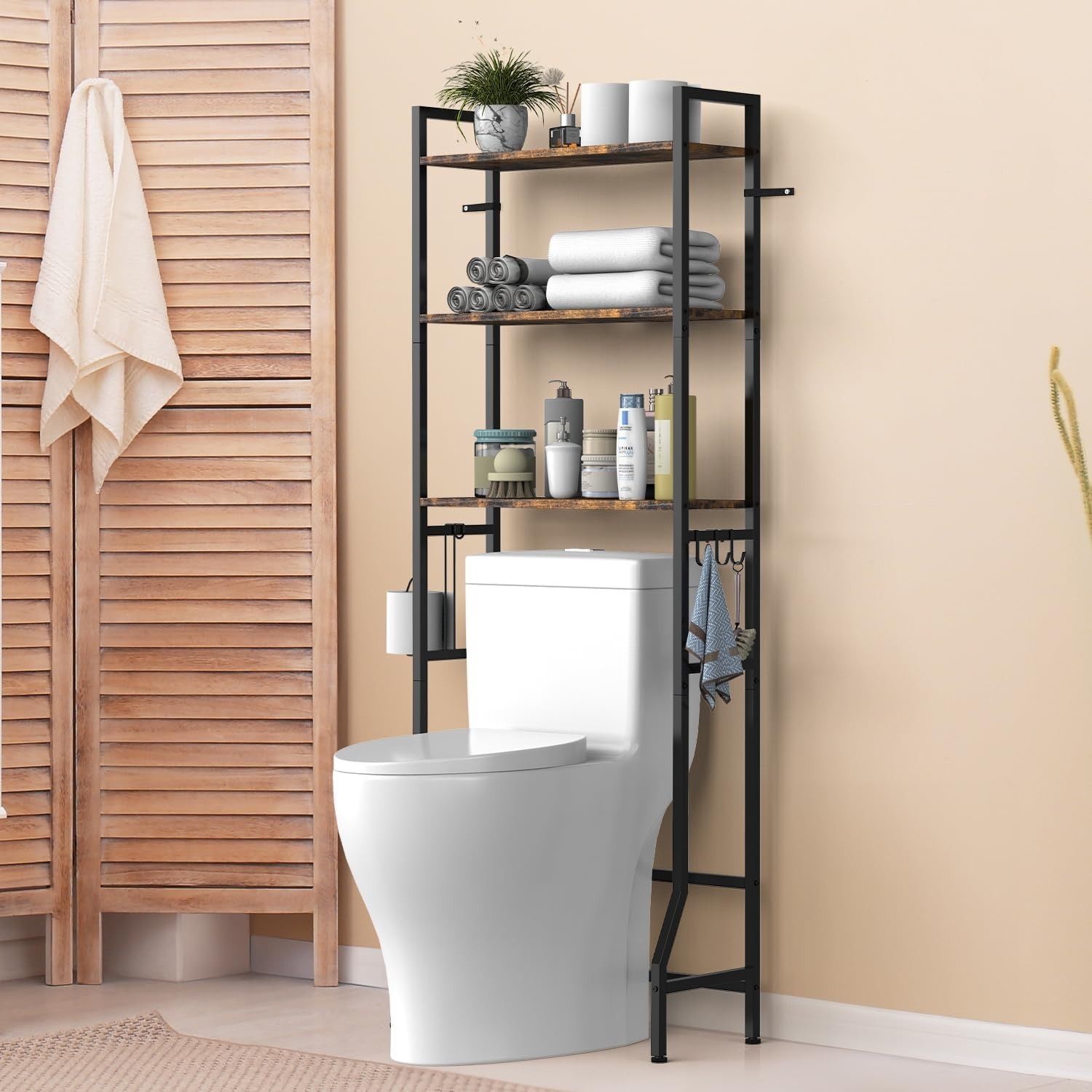 Over The Toilet Storage Shelf, 3-Tier Bathroom Organizer with Toilet Paper Holder and 3 Hooks, Freestanding Shelving for Restroom, Laundry, and Balcony,Brown