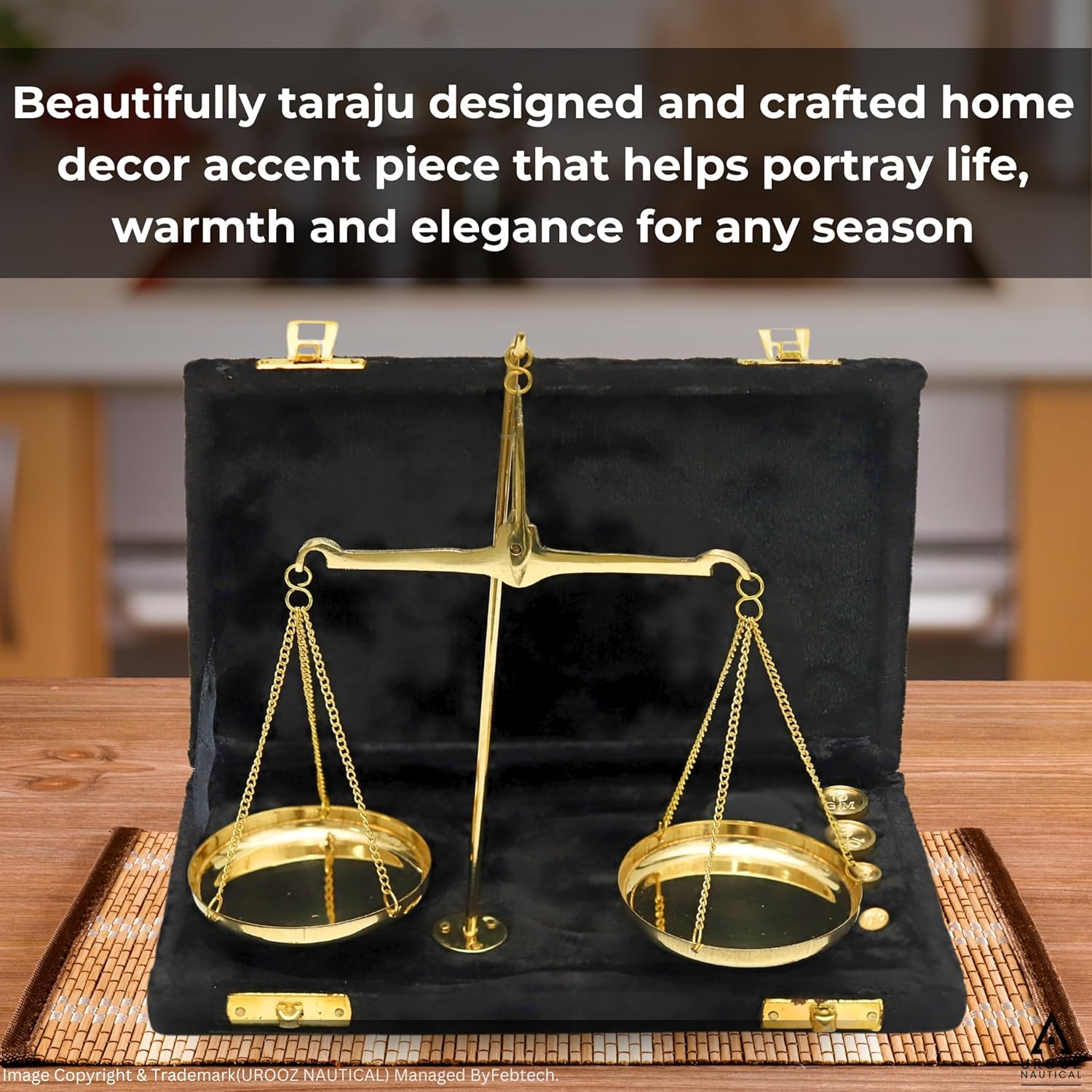 Antique Brass Weight Scale Vintage Apothecary Scale Small Brass Weighing Scale Balance | Brass Shiny Weighing Scale with Mini Precision Weights (1g, 2g, 2g, 5g, 10g, 10g, 20g) in Elegant Velvet Box