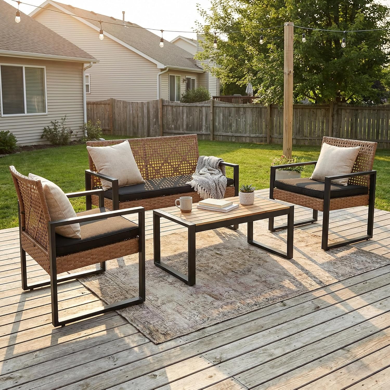4-Piece Outdoor Patio Furniture Set, Acacia Wood Table Top, Light Brown Rattan with Black Cushions
