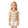 thumbnail image 2 of Kids Striped Short Sleeve T-Shirt Embroidered Letter Crew Neck Tee Classic Horizontal Stripe Summer Casual Basic Top for Boys Girls(Coffee,4-5 Years), 2 of 4
