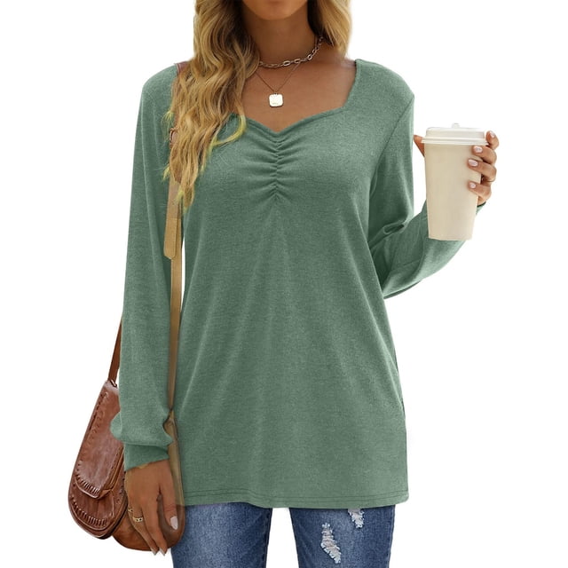 Tops plisados de manga larga para mujer, transpirables, suaves, cómodos, lavables a máquina, tops de manga larga para uso diario al aire libre, Verde XL