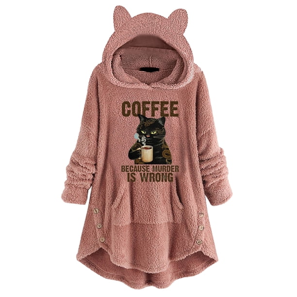 Sudadera con capucha y estampado gráfico de orejas de gato, informal, de manga larga, con bolsillo y capucha, para mujer