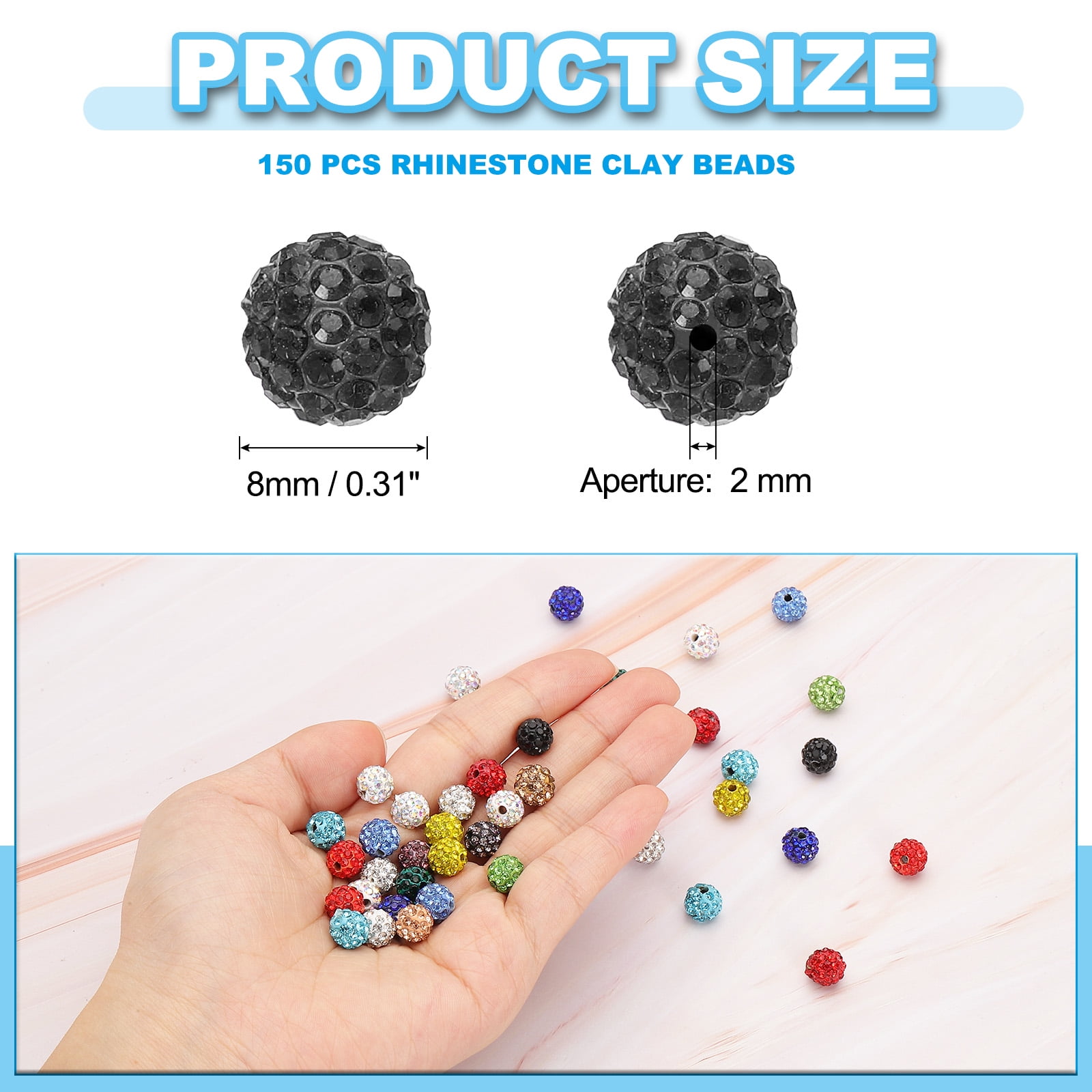 Uxcell Rhinestone Beads, Clay Rhinestone Beads Disco Ball Beads Diamond Spacer Beads Crystal Sparkle Shiny Round 150Pcs Black 8mm