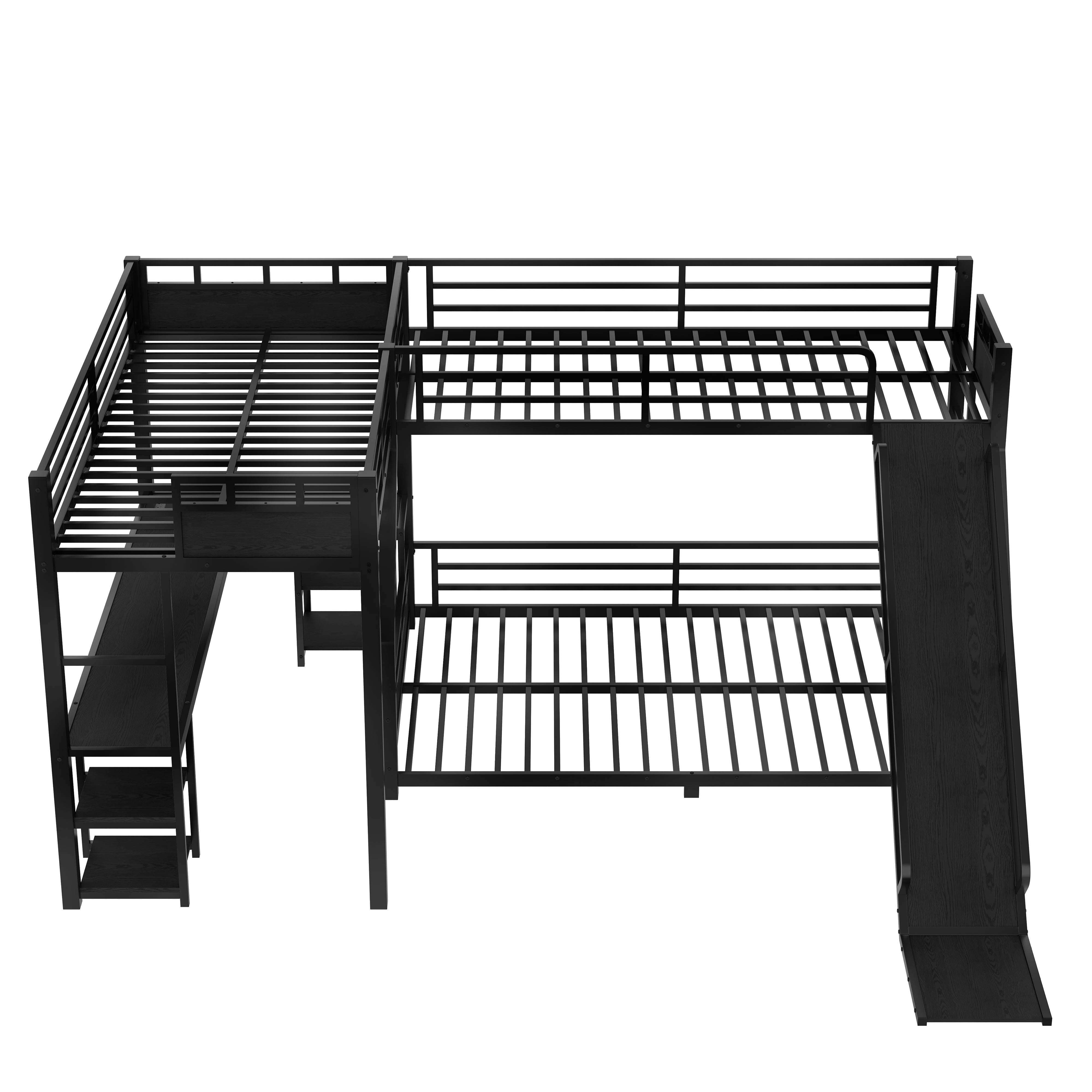 Aukfa L-Shaped Metal Triple Bunk Bed with Desk, Shelves, USB Ports and Slide, Twin XL over Queen Bunk Bed for Three Kids, Black