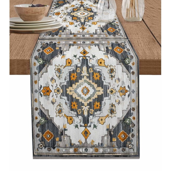 Orange Grey Boho Table Runner 70 Inches, Vintage Southwestern Geometric Ethnic Bed Runner Dresser Scarves Tabletop for Indoor Outdoor Parties/Ceremony/Banquet, 13" x 70"