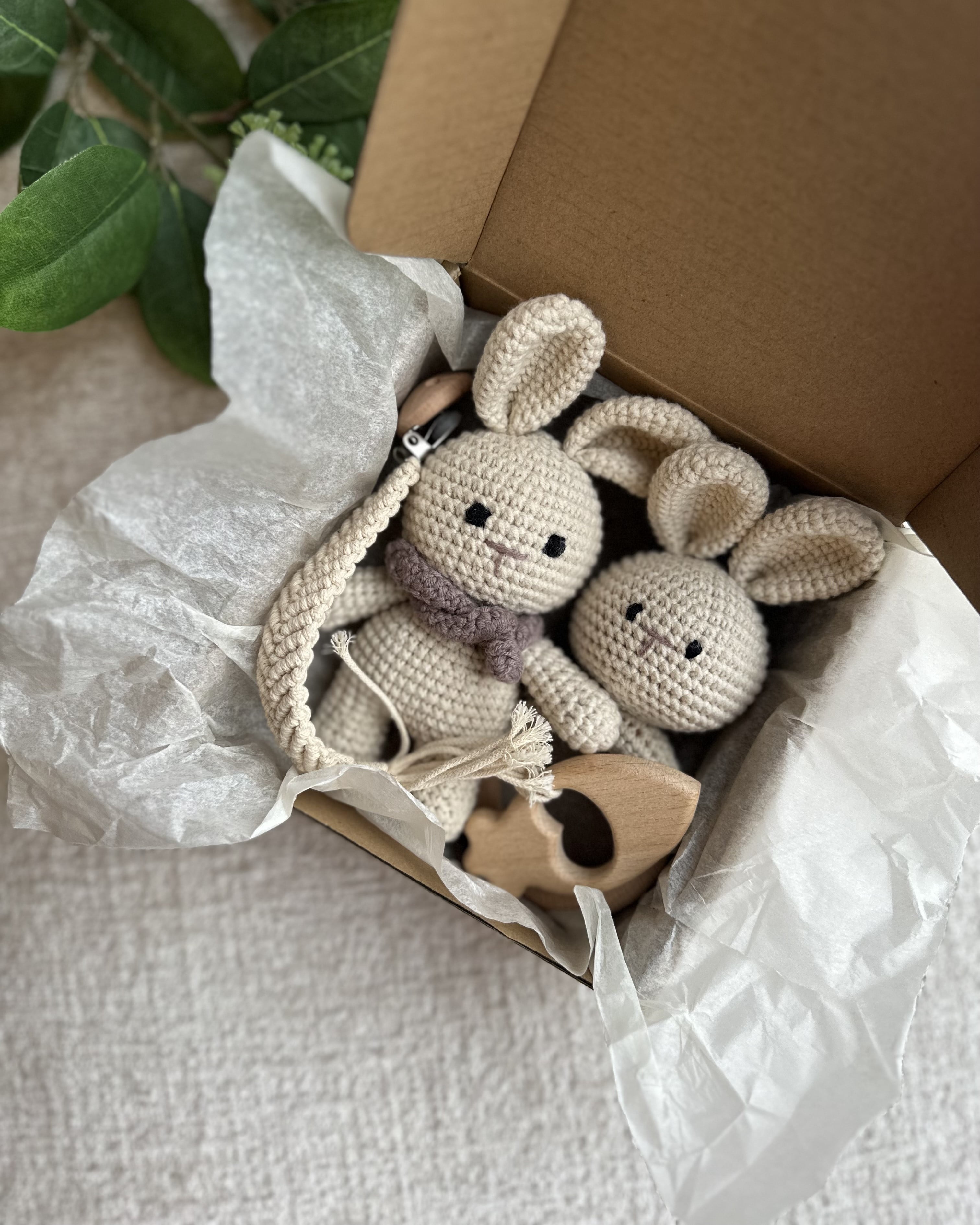 Organic Cotton Handmade Crotchet Bunny Rattle, Toy, teether and Pacifier Holder Baby Shower/Birthday Gift Set., beige