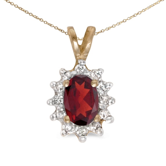 14k Yellow Gold Oval Garnet And Diamond Pendant with 18" Chain