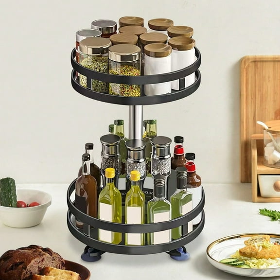 2-Tier Adjustable Height Metal Spice Rack Organizer - Rotating Lazy Susan Turntable with Clear Glass Jars & Black Wire Mesh Baskets for Kitchen Cabinet, Countertop, Pantry Storage.