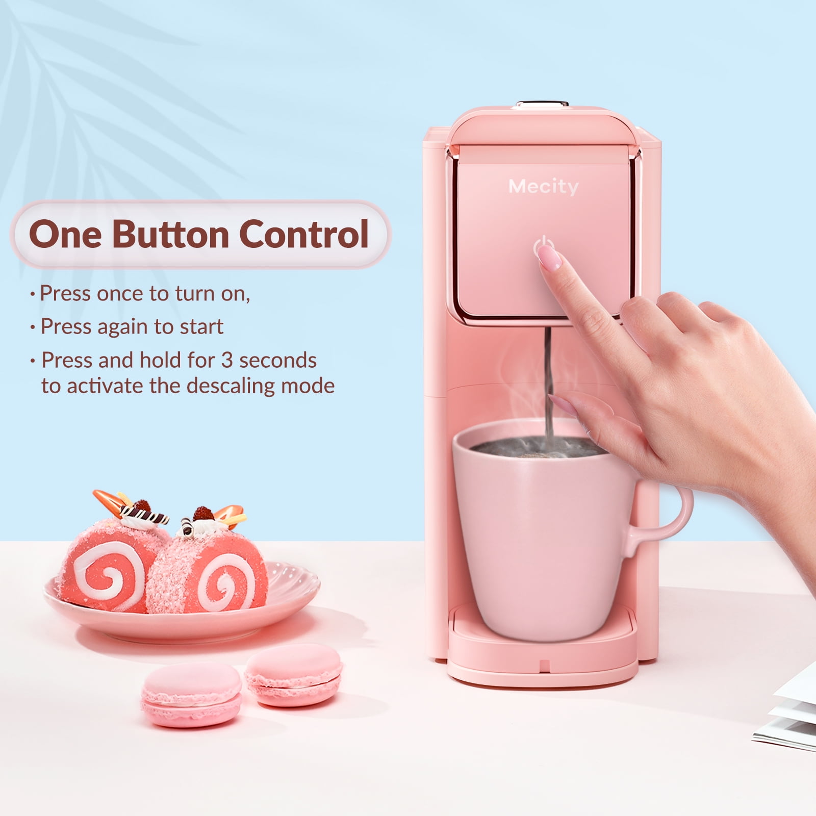 Mecity Compact Stainless Steel Single Serve Coffee & Tea Maker, 6-12 Oz Brew Sizes, Pink