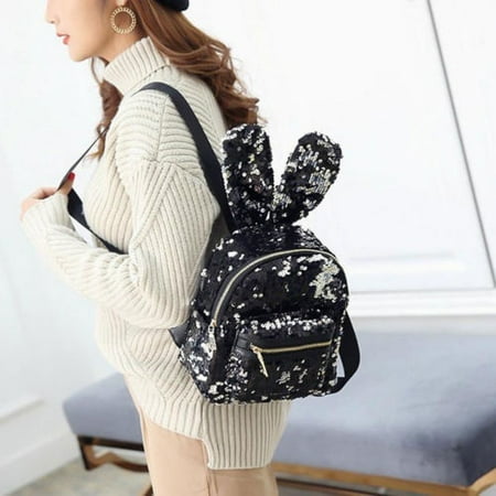 Ear Bags Clearance Lovely Women PU Leather Rabbit Ear Sequins Backpack Handbag Rucksack Glitter Bling Shoulder Bag ()