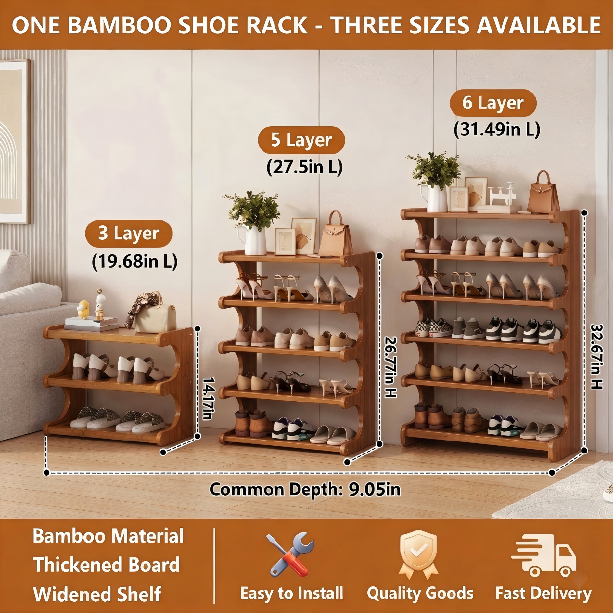 3-Tier Bamboo Shoe Rack Organizer, Multi-Tier Sturdy Shoe Storage Shelf for Entryway, Closet