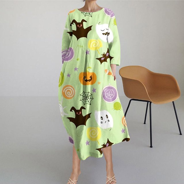 Qiopertar Vente de Liquidation Robe Mi-Mollet à Manches Courtes Col Rond Imprimé Mode pour Femmes Offres de la Semaine Moins de 5$