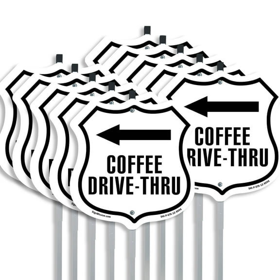 Coffee Drive-Thru Left (10 Pack) 12 inch X 12 inch Shield Shaped Rust-Free Aluminum Metal Signs with Aluminum Mounting Stakes Weather Resistant Made in the USA