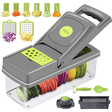 

12 in 1 Vegetable Chopper and Dicer Food Chopper Vegetable Cutter Mandoline Slicer Onion Veggie Chopper Slicer Vegetable Cutter Potato Cutter Food Dicer for Kitchen with Container - Grey