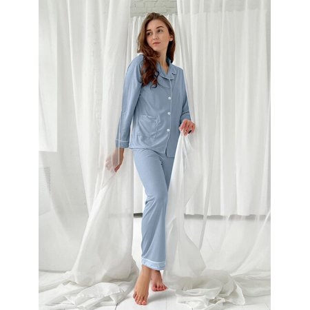 

DanceeMangoo Double Pockets Ribbed Sleepwear Womens Suit Loose Long Sleeve Women Pajama Sets Lapel Single-Breasted Homewear Knitting