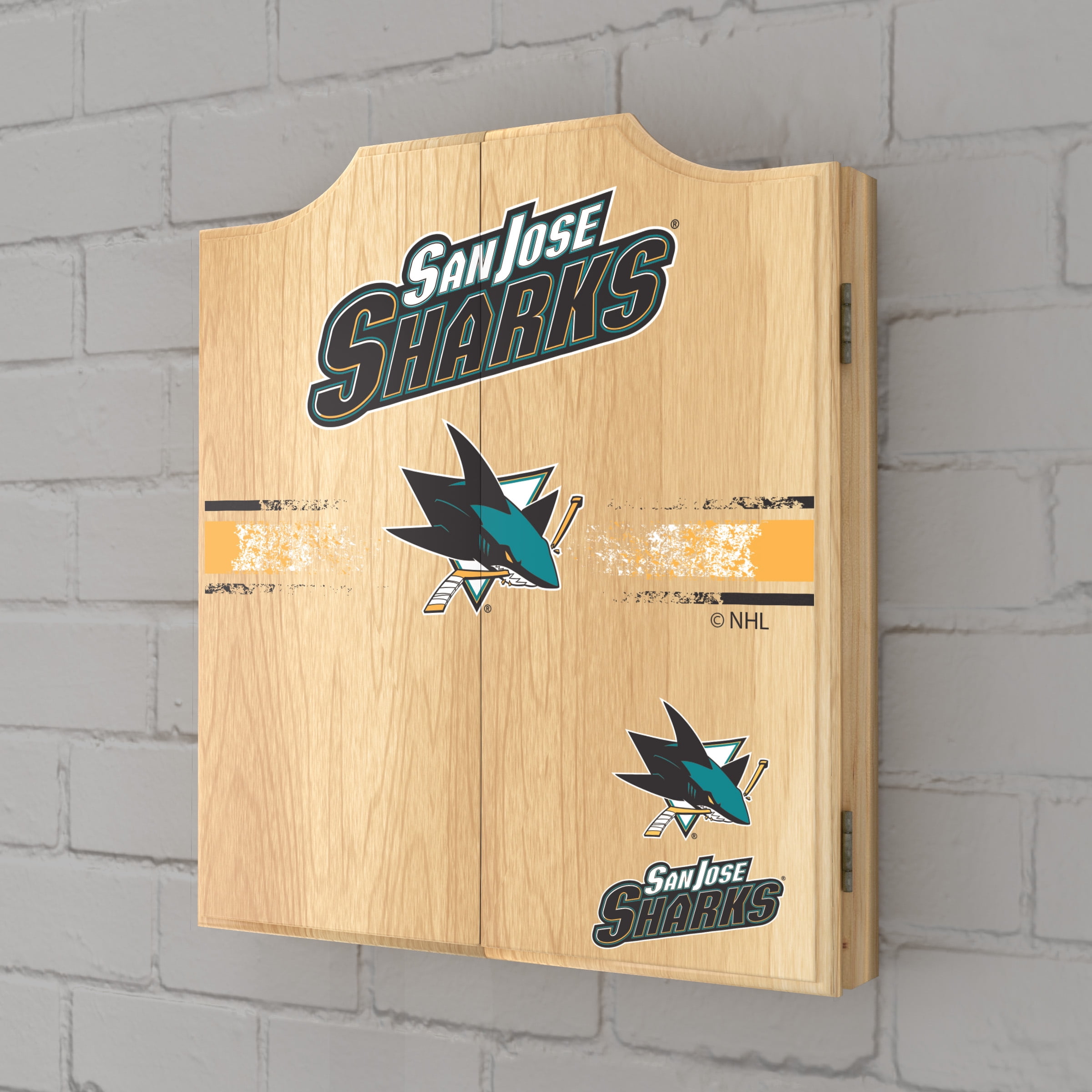 San Jose Sharks Logo Dart Board Cabinet Set with 6 Steel Tip Darts