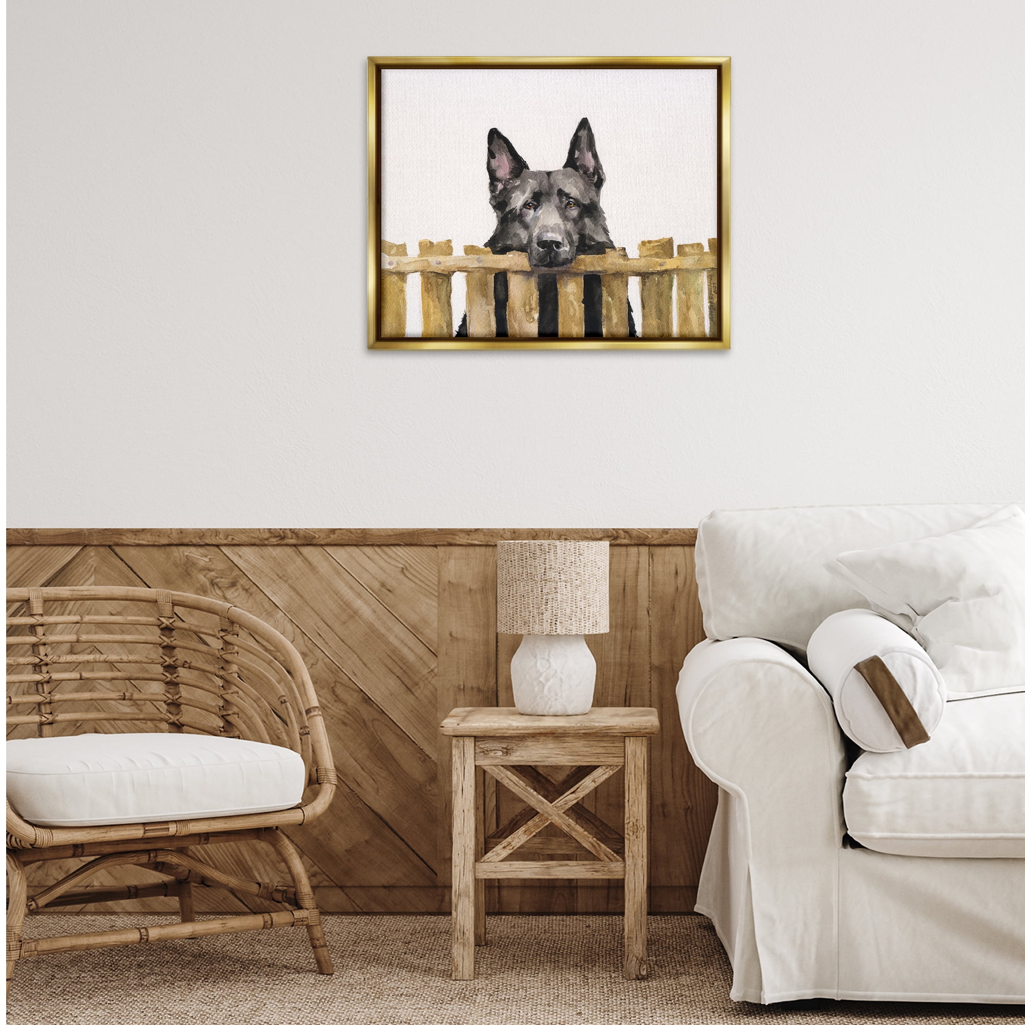 Stupell Industries Black German Shepherd Animals Painting Gold Floater Framed Canvas Art Print Wall Art, 31 x 25