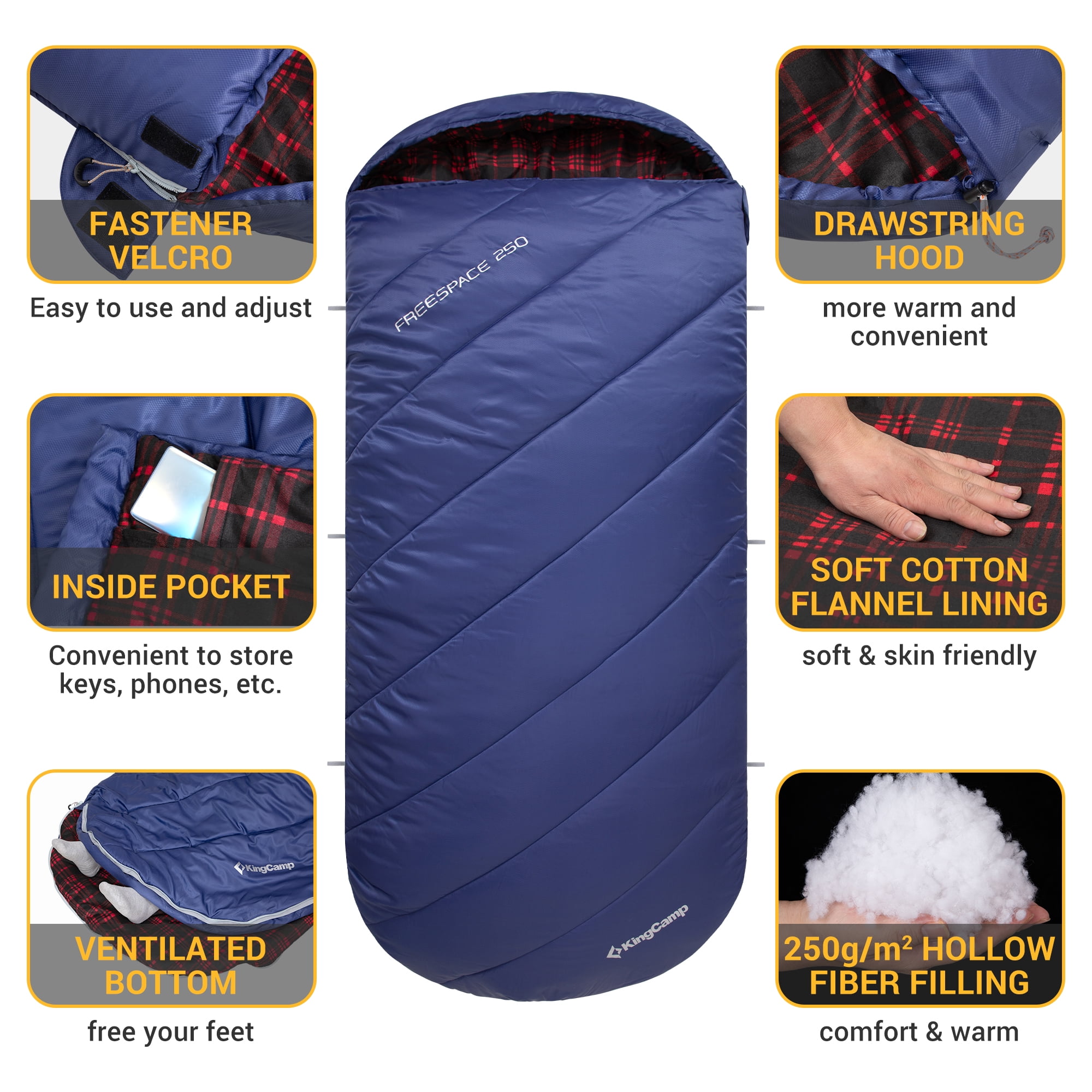 KingCamp XL Cotton Flannel Sleeping Bags, Oversized Weatherproof 3-Season Sleep bag with hood for Camping & Hiking & Backpacking, 17.6℉-54℉ (Navy)