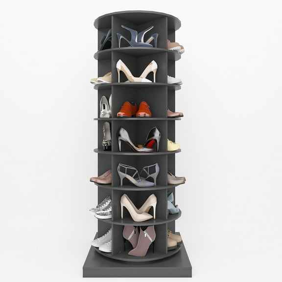 PORKISS 7-Layer Rotating Shoe Cabinet, Modern Tall Shoe Rack with Open Storage Space Hold 28 Paris shoes, Freestanding 360 Rotating Shoe Rack Tower, Round Shoe Rack for Home, Gray