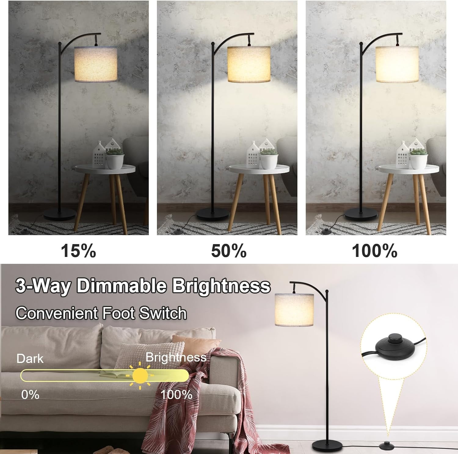 BN-LINK Dimmable Floor Lamp with 3 Color Temperatures, Standing Lamp with Linen Shade & LED Bulb Included, Tall Lamp for Living Room, Office, Dining Room(Black)