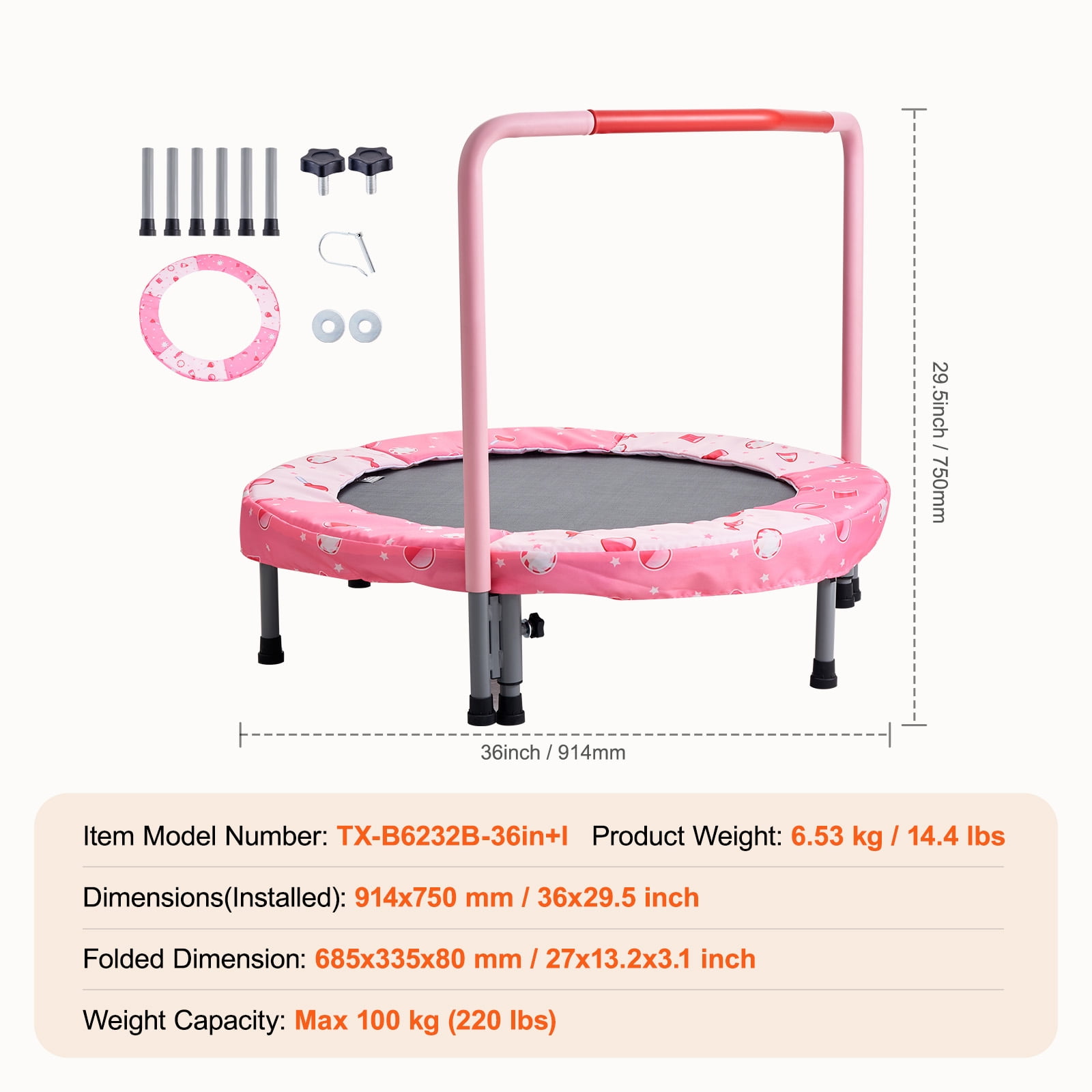 KFFKFF 36-Inch Children's Trampoline, Suitable for Indoor and Outdoor Use, Collapsible Small Trampoline with Support Bar, Bouncing Trampoline for Young Kids, Ideal 3+ Years Old Kids' Birthday Present