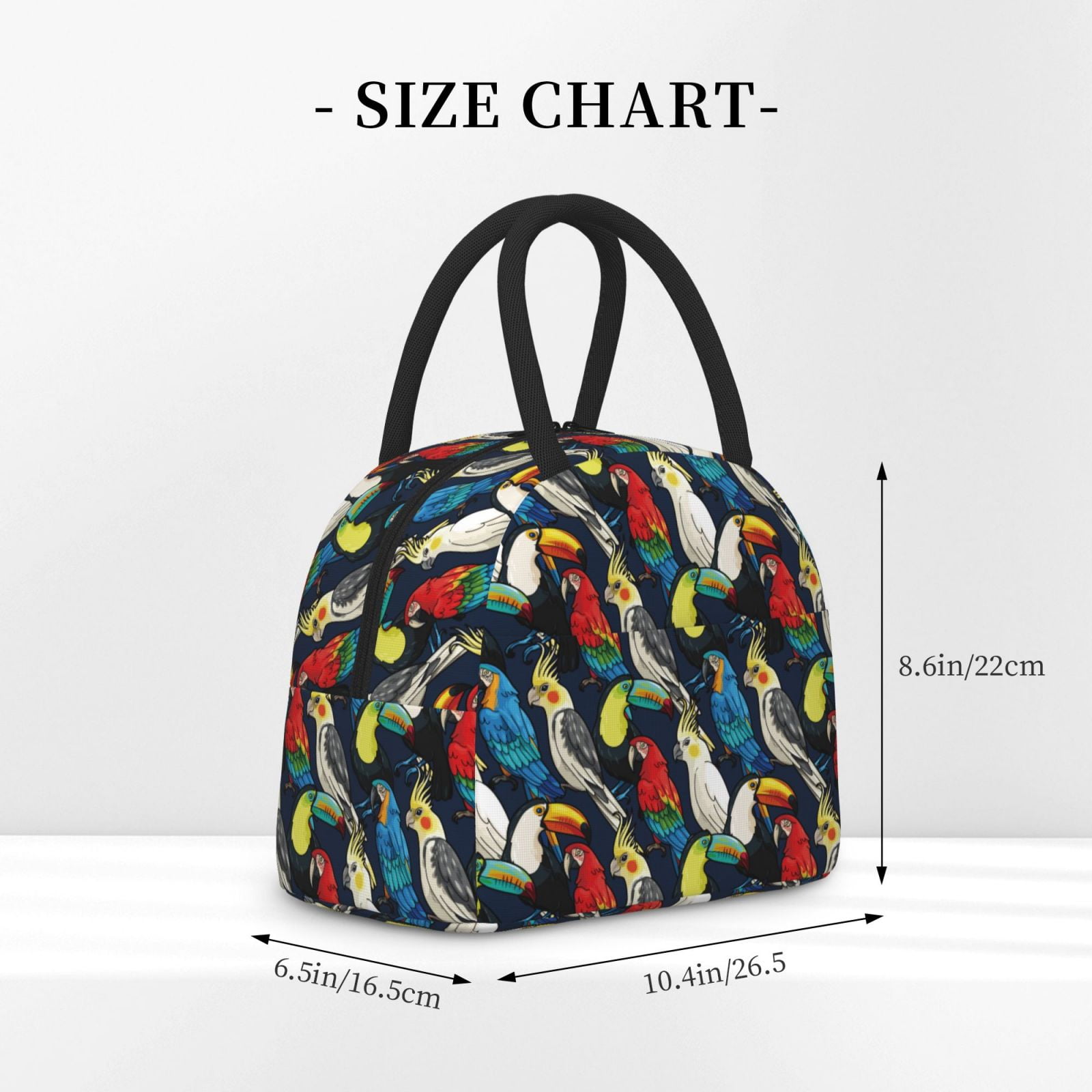 Horeoi Parrot Pattern Large Insulated Lunch Bag for Work, School, Picnic - Waterproof, Durable Oxford Cloth, Comfortable Handle-Black