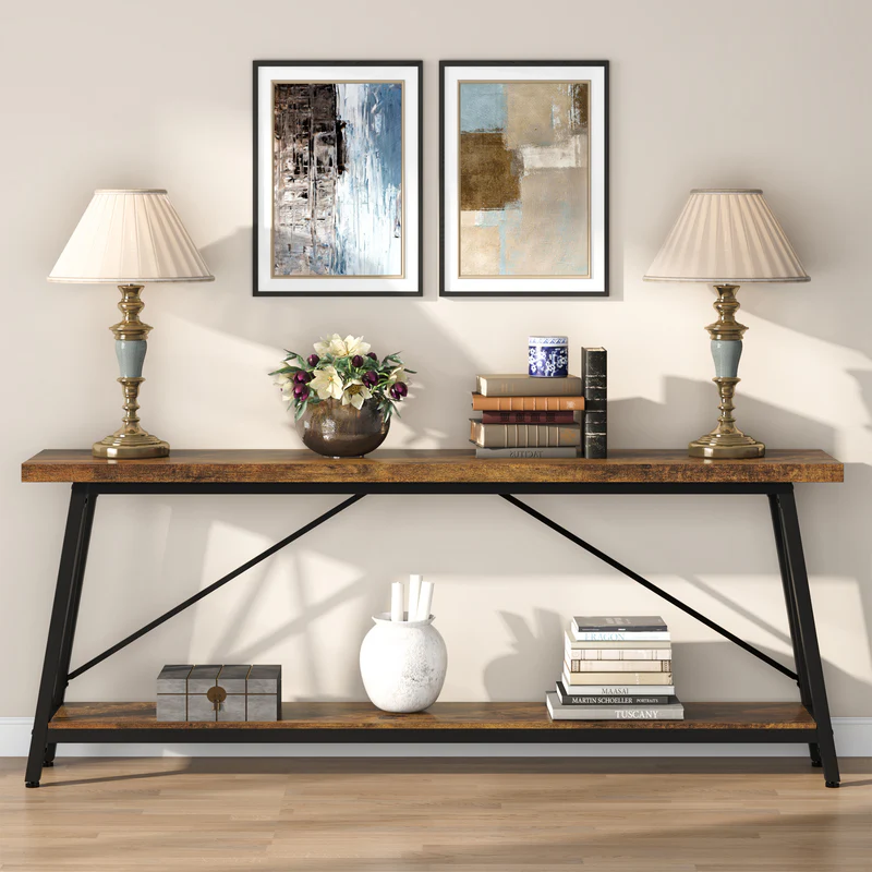 MAYEERTY Industrial 2-Tier Sofa Table 1.57" MDF Triangular Structure Home Decor