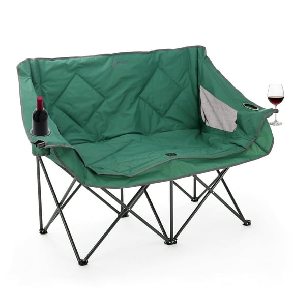 ARROWHEAD OUTDOOR Portable Folding Double Duo Camping Chair Loveseat w/ 2 Cup & Wine Glass Holder, Heavy-Duty Carrying Bag, Padded Seats & Armrests, Supports up to 500lbs, USA-Based Support (Green)