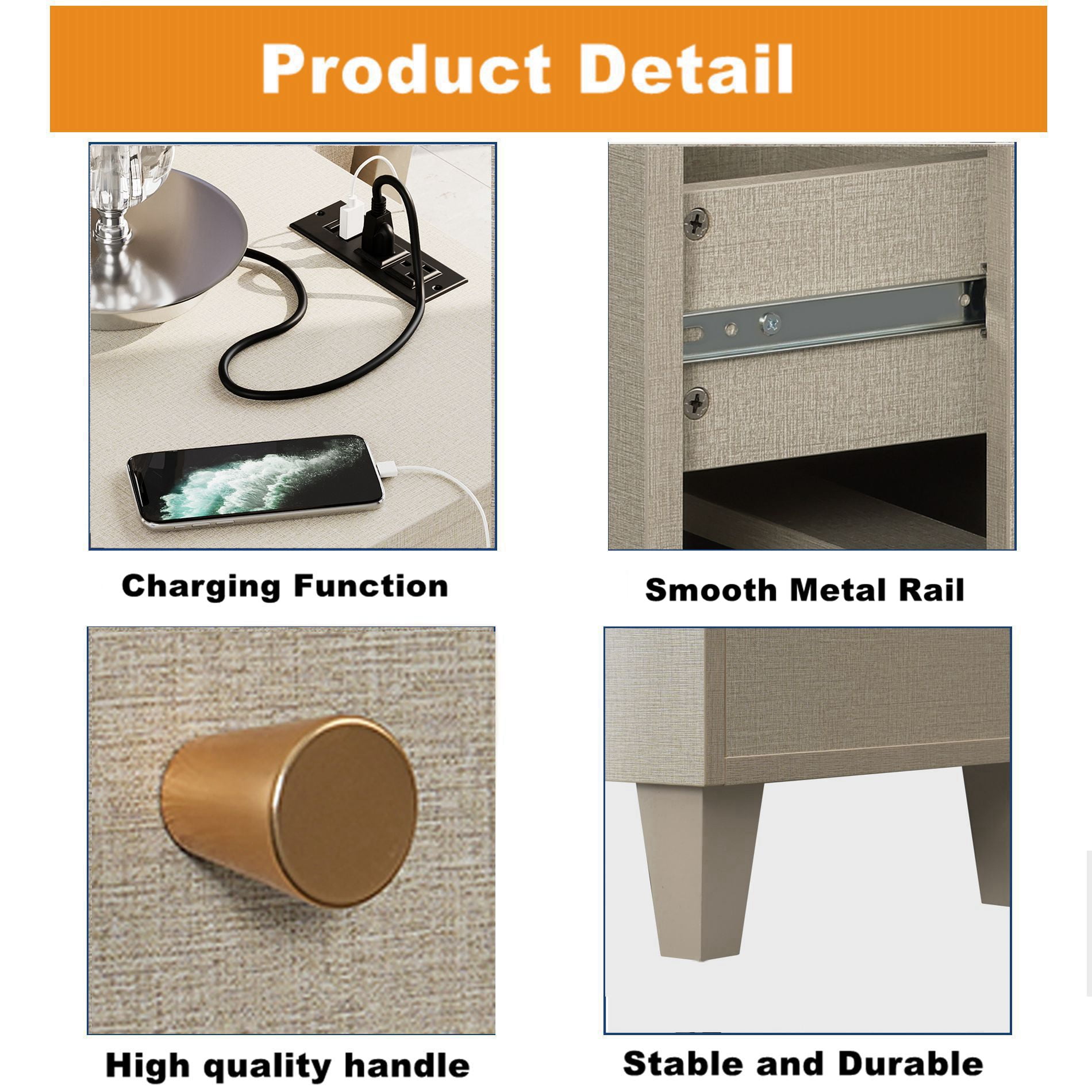 WAMPAT End Table with Charging Station and Drawers，Wood Sofa Side Table for Living Room and Bedroom