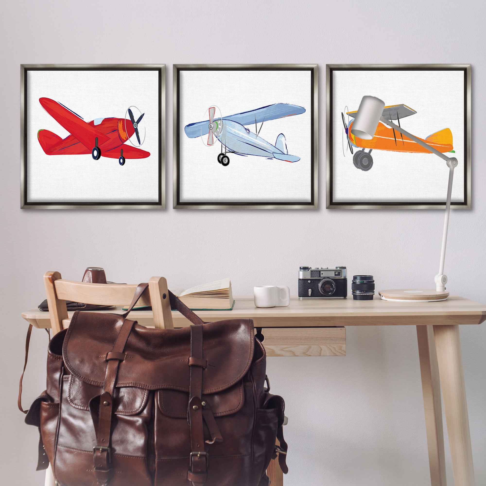 Stupell Industries Triple Colorful Airplanes Drawing Art for Kids Painting Gray Floater Framed Canvas Art Print Wall Art, 25 x 25, Set of 3