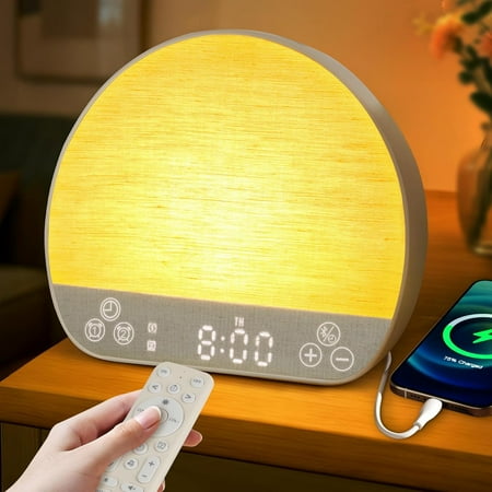 Sunrise Alarm Clock Tap Snooze, 37 Sounds White Noise Machine Gentle Wake Up Light with Bluetooth, Remote, USB Charging & 15 Color Night Lamp, Sunlight Alarm for Heavy Sleeper Bedroom Gift
