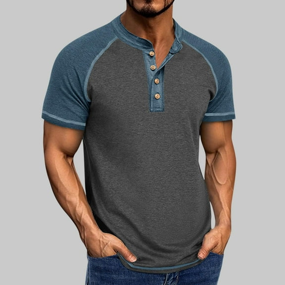 Zynviq Short Sleeve Mens Tees Fashion Raglan Color Block Button Slim Fit Casual Henley Tees Mens Summer Tee Tops,M