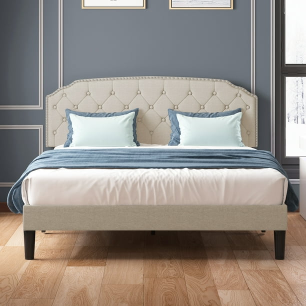 MUZZ Upholstered King Size Bed Frame, Platform Bed with Curved Rhombic Button Tufted Adjustable