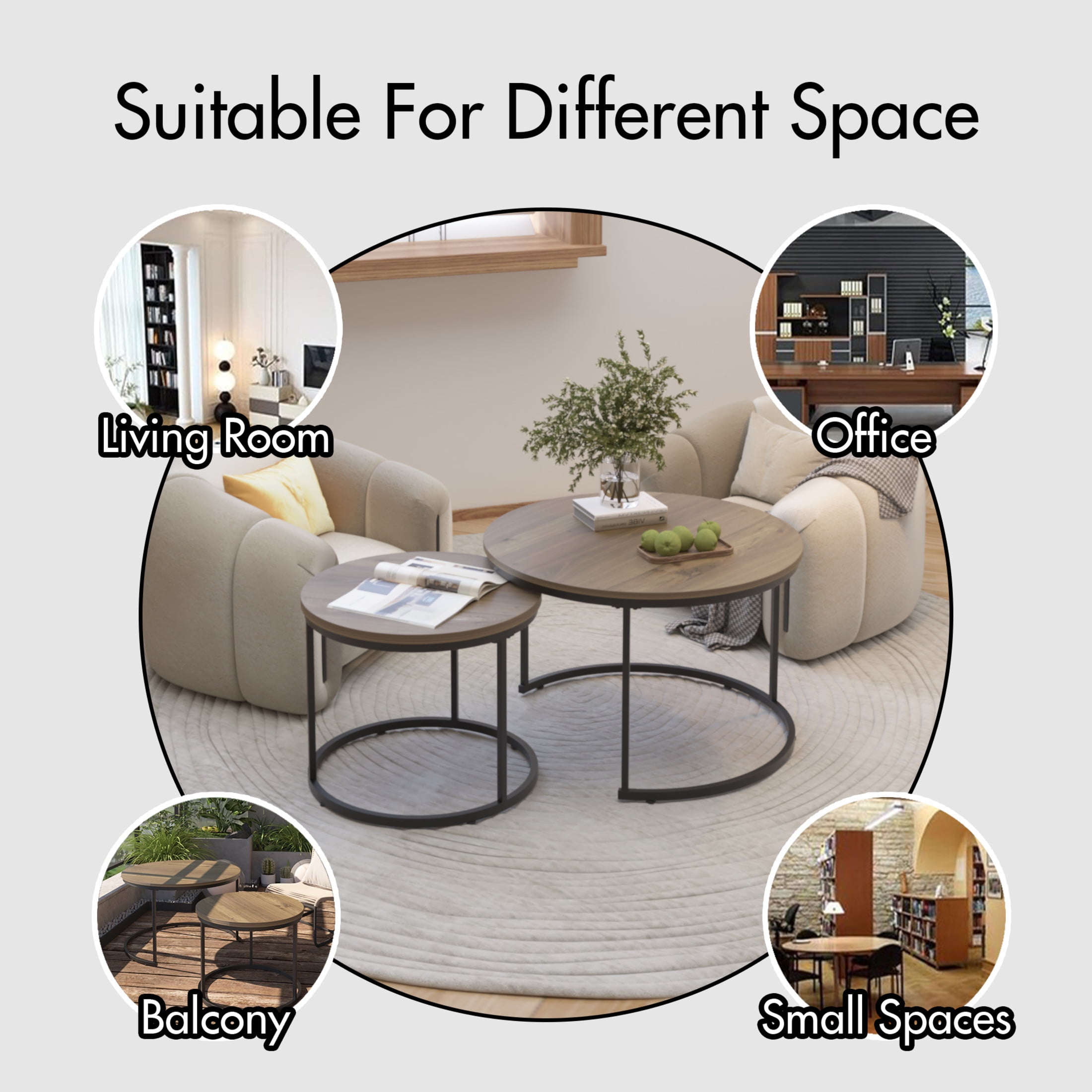 Noble House Lazura 27.6" Grain Look Nesting Coffee Table Set, Round MDF Top with Metal Base, Brown, Set of 2