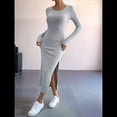 thumbnail image 4 of Vestidos Largos de Otoño para Mujer, de Larga, Informales, de Punto Acanalado, Ajustados, Elegantes, con Cuello Redondo y Abertura Lateral Gris XS, 4 of 10