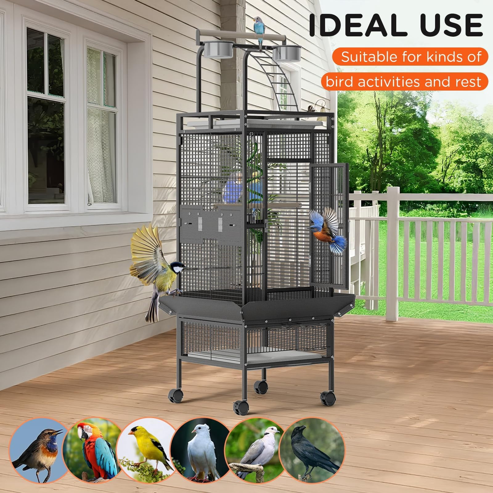 Large 60" Wrought Iron Bird Flight Cage with Rolling Stand & Play Top – Heavy Duty Parrot Cage with 4 Stainless Steel Bowls for African Grey, Cockatiel, Conure, Parakeet, Black