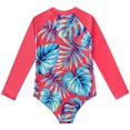 thumbnail image 4 of KYAIGUO 4-12T Girls Rash Guard One Piece Swimsuits Stripes Long Sleeve Zipper Bathing Suits UPF 50+/Sun Protection Tropical Plant Flowers Swimwear, 4 of 11