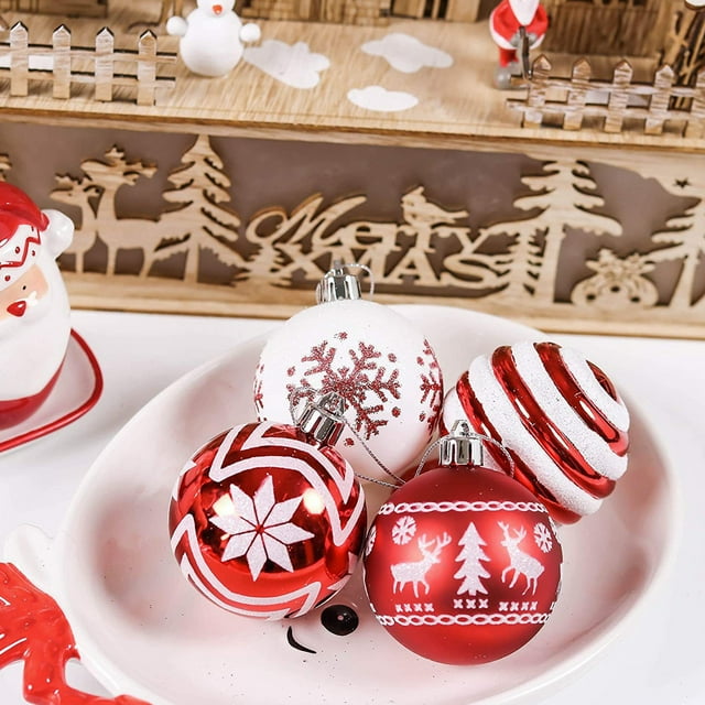 Juego de adornos navideños | 24 bolas de plástico colgantes para decorar el árbol | Decoraciones festivas para el hogar y fiestas | Tamaños surtidos en caja de regalo