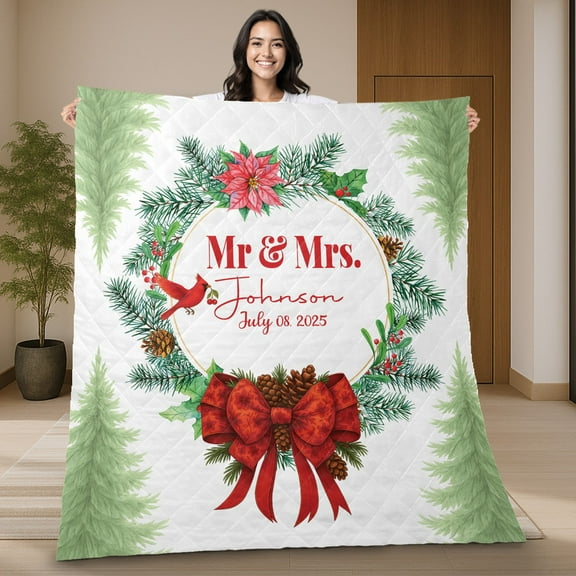 Personalized Mr & Mrs Our First Christmas Quilt Blanket – Custom Name & Date Blanket with Christmas Wreath and Red Bow, Romantic Anniversary Gift for Couple, Holiday Newlywed Quilt