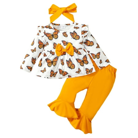 

Qtinghua Toddler Baby Girls Fall Outfits Long Sleeve Butterfly Print Bow T-shirt with Flare Pants and Headband Clothes Orange 9-12 Months