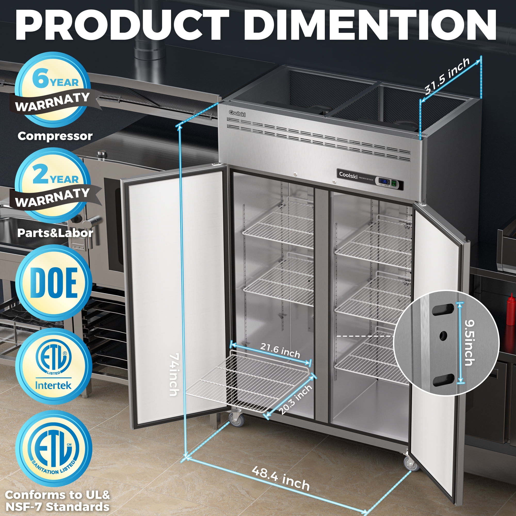 Coolski 36 Cu. Ft. 2-Door Commercial Reach-In Refrigerator with Magnetic Door Gaskets
